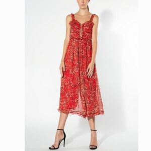 Beulah Style Risa Red Floral Ruffle wide leg corset Jumpsuit L NWT